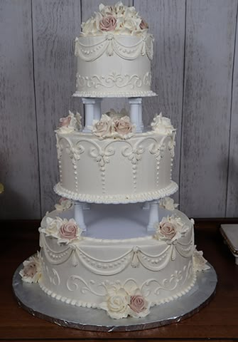 Wedding Cakes With Fountains, Wedding Cake With Pillars, Wedding Cakes Simple Elegant Modern, 3 Tier Vintage Wedding Cake, Victorian Wedding Cakes Vintage, 3 Tier Wedding Cake With Pillars, Wedding Cake Scrollwork, Fountain Wedding Cakes, Golden Wedding Cake