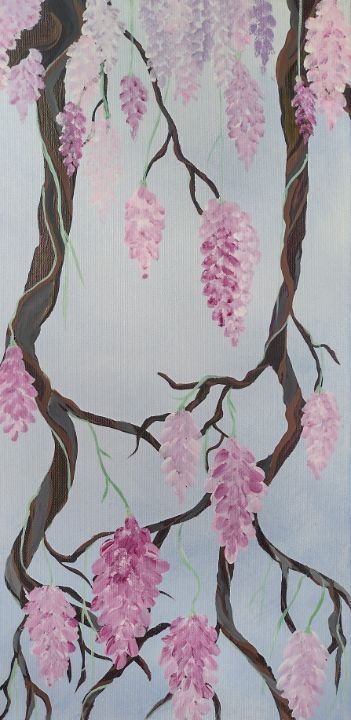 Painted Vines And Flowers, Wisteria Drawing Simple, Flower Vine Painting, Painting Wisteria, Vine Painting, Garden Murals, Plant Paintings, Wisteria Vine, Long Painting