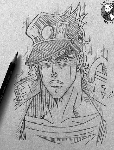 Jotaro Drawing Sketch, Jotaro Desenho, How To Draw Jojo Style Tutorial, How To Draw Jojo Style, Jojo Sketch Art, Jotaro Kujo Drawing, Jojo Style Drawing, Escanor Drawing, Jojo's Bizarre Adventure Drawing