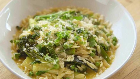 Very Green Orzotto Recipe | Ree Drummond | Food Network Orzotto Recipe, Veggetti Recipes, Freeze Greens, Gluten Free Egg Free, Thai Basil, Ree Drummond, Healthy Sides, Sunday Dinner, Veggie Sides