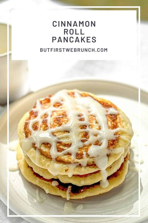 The Best Cinnamon Roll Pancakes - But First We Brunch! Cottage Cheese Cinnamon Roll Pancakes, Cinnamon Sugar Pancakes, Cinnamon Swirl Pancakes, Cinnamon Roll Pancakes Recipe, Overnight Cinnamon Rolls, Cinnamon Roll Icing, How To Cook Pancakes, Cinnamon Roll Pancakes, Pancake Bites