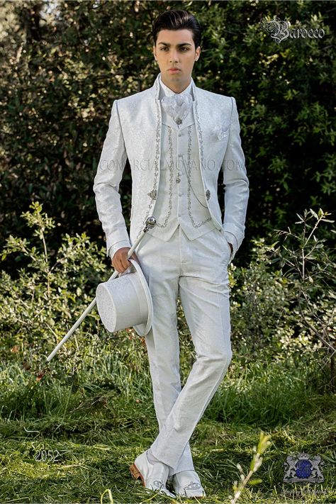 Baroque men wedding suits, collection Ottavio Nuccio Gala italian groom suits Prince Suit, Baroque Wedding, Groom Suits, Brooch Wedding, Gothic Shirts, White Dress Shoes, Dress Suits For Men, Frock Coat, Victorian Wedding