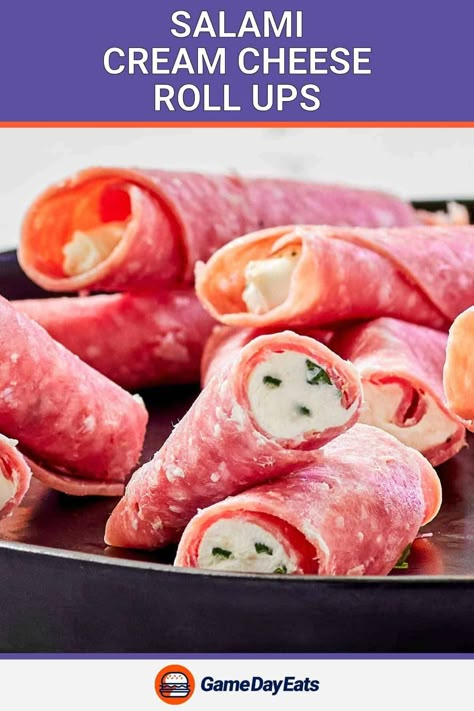 Elevate your snack and appetizer game with the deliciousness of Salami Cream Cheese Roll Ups! It’s a perfect balance of flavors that's sure to please. Discover the timeless joy of uncomplicated snacking with salami roll ups with cream cheese. Enjoy the recipe that brings together a classic meat and cheese combo in a delightful way. Get the easy recipe and find out how to make the best salami and cream cheese roll ups. Ham Onion Roll Ups, Meat And Cheese Snacks, Ham And Cream Cheese Roll Ups, Salami Roll Ups Appetizers, Ham Roll Ups With Cream Cheese, Lunch Meat Roll Ups, Salami Rosettes, Salami Cream Cheese Roll Ups, Salami Pinwheels