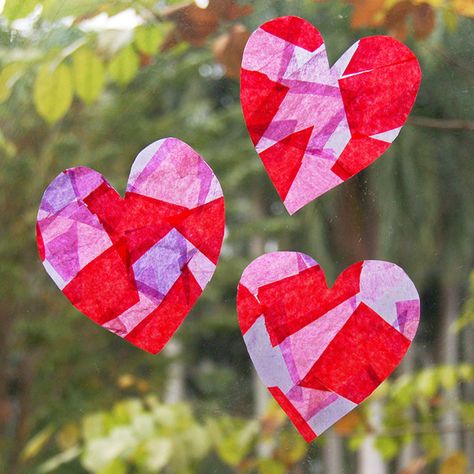 Tissue Paper Suncatchers | Kids' Crafts | Fun Craft Ideas | FirstPalette.com Tissue Paper Craft, Tissue Paper Art, Tissue Paper Crafts, Tissue Paper Flowers, My Funny Valentine, Heart Crafts, Crafts For Kids To Make, Paper Hearts, Fun Crafts For Kids