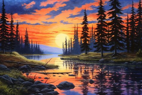 Sunset at lake wilderness landscape outdoors. | premium image by rawpixel.com Lake With Trees Drawing, Sunset Lake Painting, Sunset Over Lake Painting, Sunset Pond Painting, Cloud Sunset, Lake Surrounded By Trees, Sunset Scenery, Sunset Images, Lake Sunset