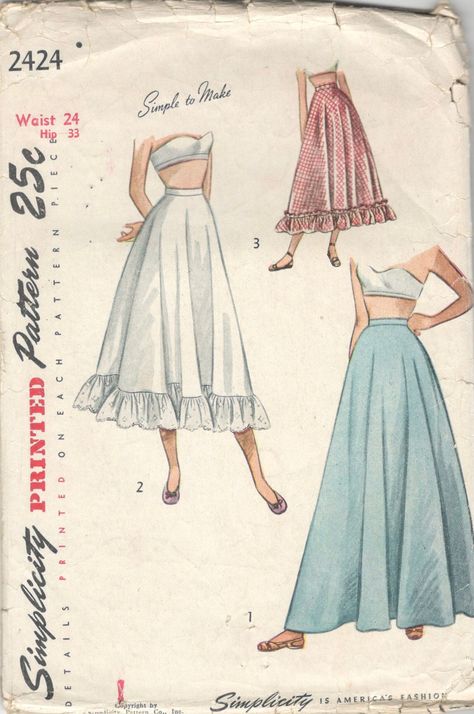 Simplicity 2424: 1940s Teen Easy Petticoat Pattern - Daytime Ballerina and Evening Lengths - Women's Vintage Sewing Pattern - Waist 25" Hip 33" Vintage Top Sewing Pattern, Vintage Petticoat Pattern, Petticoat Pattern Diy, Easy Beginner Sewing Patterns, Free Vintage Sewing Patterns, Petticoat Pattern, Sewing Pattern Free, Vintage Sewing Patterns Free, Skirt Patterns