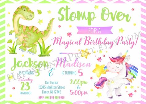 Birthday Party Rainbow, Double Birthday Parties, Combined Birthday Parties, Unicorn Dinosaur, Unicorn Invitation, Magical Birthday, Dinosaur Birthday Invitations, Unicorn Valentine, Unicorn Birthday Invitations