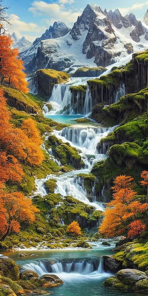 Beautiful Paintings Of Nature, Waterfall Wallpaper, Beautiful Scenery Photography, Beautiful Nature Wallpaper Hd, Waterfall Photography, Landscape Art Painting, Beautiful Locations Nature, Landscape Scenery, Beautiful Landscape Wallpaper