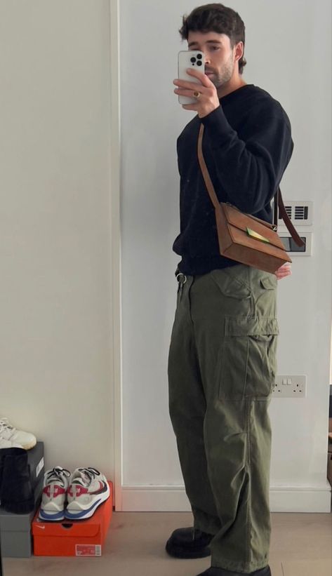 Olive Green Pants Outfit Mens Streetwear, Dark Green Baggy Pants Outfit, Dark Olive Pants Outfit Men, Dark Green Cargo Pants Outfit Men, Green Corduroy Pants Outfit Men, Dark Green Pants Outfit Men, Olive Cargo Pants Outfit Men, Olive Pants Outfit Men, Dark Green Cargo Pants Outfit