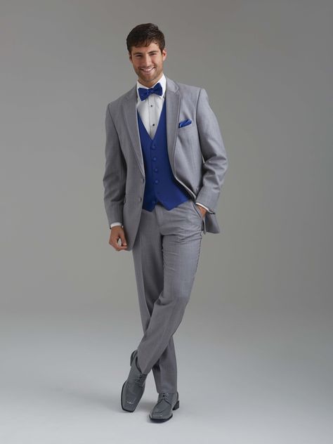 Royal blue vest & tie with an all grey suit by Sarno & Sons! Black Prom Suits, Groom Tuxedo Wedding, Prom Tux, Royal Blue Tie, Blue Tux, Grooms Men, Prom Tuxedo, Evening Suit, Best Man Wedding