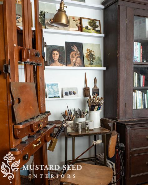 studio moments | Miss Mustard Seed Art Studio Chair, Art Studio Greenhouse, Cabin Art Studio, Art Studio In Living Room, Luxury Art Studio, Small Painting Studio, Home Office Studio Creative Workspace, Art Studio Living Room, Artist Studio Workspaces