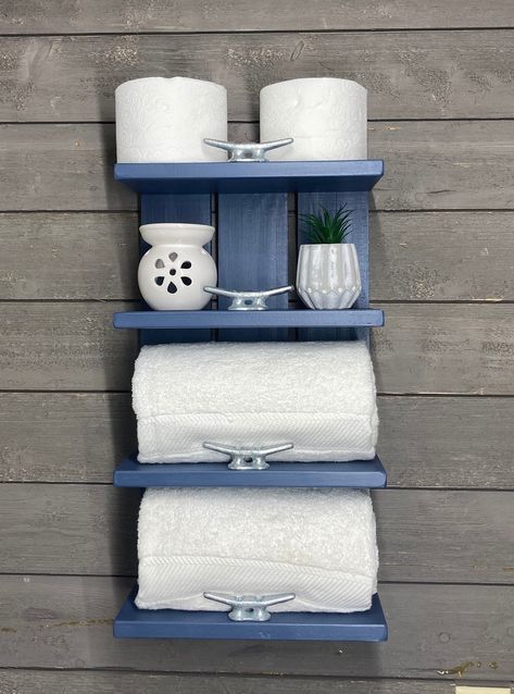 4 Tier Wood Above Toilet Shelves Nautical Decor Open Shelvingwood Hotel Style Towel Rackcoastal Bathroom Shelves With Boat Cleats - Etsy Above Toilet Shelves, Boat Cleat Towel Rack, Boat Shelf, Above Toilet, Weathered Grey Stain, Bath Towel Racks, Bathroom Towel Decor, Toilet Shelves, Boat Cleats