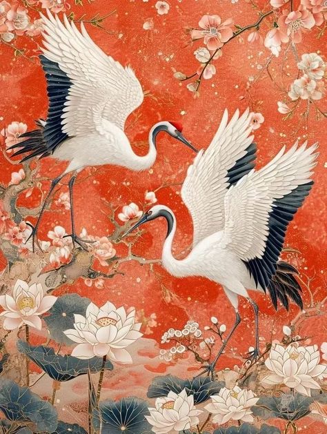 White Crane Painting, Chinese Crane, Bird Painting Acrylic, Art Chinois, Chinese Art Painting, Asian Painting, Diy Watercolor Painting, Art Painting Gallery, Korean Art