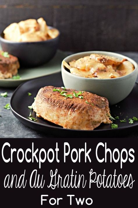 These Crockpot Pork Chops and Au Gratin Potatoes are easy and delicious! Tender juicy pork chops are coated in a dry rub and slow cooked over onions and potatoes covered in a thick cheesy sauce. This recipe makes a great lunch, dinner, or romantic date night meal for two. #pork #AuGratinPotatoes #crockpot #slowcooker #DinnerForTwo #LunchForTwo #CookingForTwo via @ZonaCooks Au Gratin Potatoes, Au Gratin Potato Recipes, Gratin Potatoes, Pork Chops And Potatoes, Slow Cooker Pork Chops, Crockpot Pork Chops, Juicy Pork Chops, Potatoes Au Gratin, Crockpot Pork