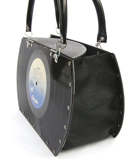 purse made from records Vinyl Record Bag, Record Purse, Purse Inspiration, Black Koi Fish, Record Bag, Vinyl Record Crafts, Recycled Cds, Record Crafts, Geek Diy