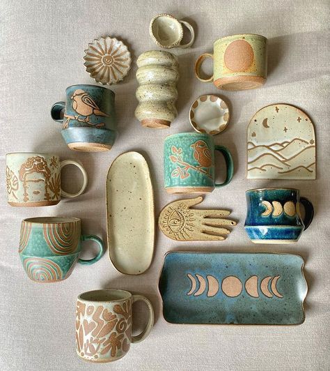 My firing went really well! Tried out a few new glazes which I love, and learned a few lessons too. Here is a sneak peek of just a *few* of… | Instagram Ceramic Glaze Designs, Cool Ceramics Projects, Weird Mugs, Coastal Ceramics, Fun Ceramics, Mini Pottery, Sticky Hands, Pottery Inspo, Handmade Ceramics Pottery