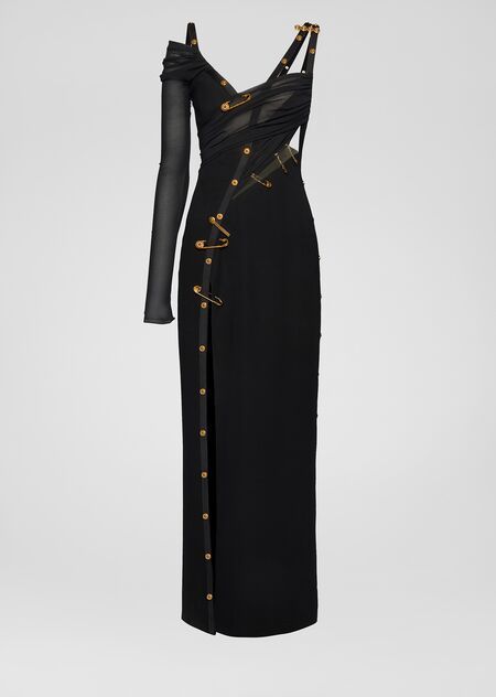 Safety Pin Evening Dress - black Dresses Moda Kpop, Versace Dress, Black Evening Dresses, Kpop Fashion Outfits, Stage Outfits, Kpop Fashion, Looks Style, Black Dresses, Safety Pin