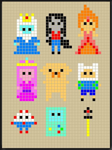 A Adventure Time perler bead patterns designed by Rosealine Black sjgf, cc, an Perler Beads Ideas, Pearl Beads Pattern, Easy Pixel Art, 8bit Art, Hama Beads Design, Perler Bead Templates, Diy Perler Bead Crafts, Bead Sprite, Hama Beads Patterns