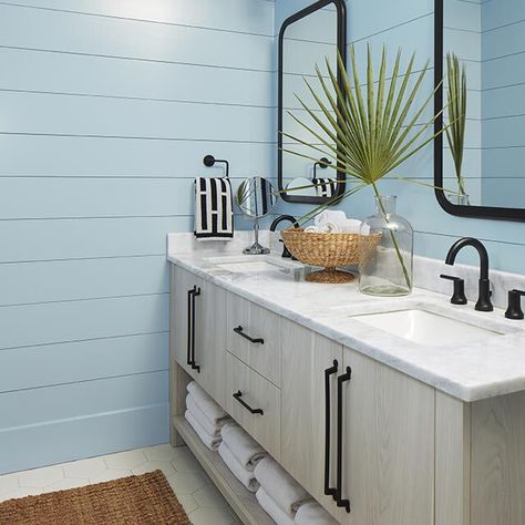 White Vanity Shiplap Wall, Light Blue Shiplap Wall, Vanity Shiplap Wall, Blue And White Shiplap Bathroom, Blue Painted Shiplap Bathroom, Bathroom Shiplap, Blue Shiplap Wall, Partial Shiplap Wall Bathroom, Wood Double Vanity