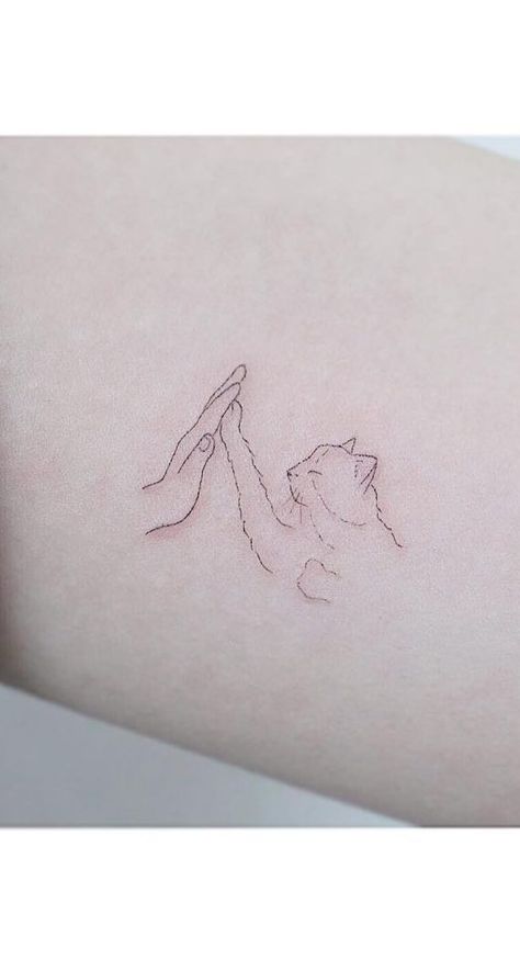 Tasteful Cat Tattoos, Tattoo Ideas For Cat Lovers, Cat Lovers Tattoo, Cat High Five Tattoo, Cat Rib Tattoo, Tattoo For Cat Lovers, Cat Lover Tattoo Minimalist, Hand Cat Tattoo, Cat Memorial Tattoo Minimalist