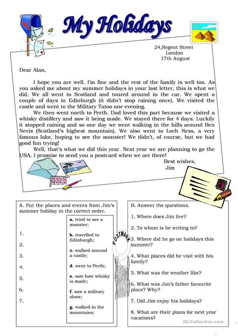 My holidays - Postcard - English ESL Worksheet for distance learning, home schooling and offline practice of English Holiday Reading Comprehension, English Comprehension, Free Reading Comprehension Worksheets, Speaking Cards, Holiday Worksheets, English Today, Holiday Writing, Reading Comprehension Lessons, Reading Practice