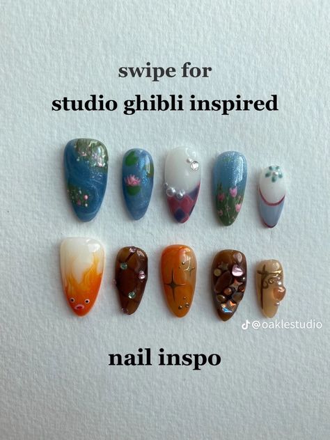 Ponyo Inspired Nails, Howls Moving Castle Inspired Nails, Atla Inspired Nails, Howls Moving Castle Nails Simple, Ghibli Inspired Nails, Ponyo Nails Studio Ghibli, Howls Moving Castle Nail Art, Calcifer Nails, Pond Nails