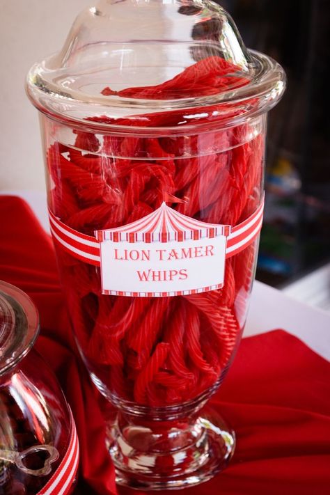 Lion tamer whips for the circus candy buffet! | Circus Birthday Party Dumbo Party Food, Carnival Birthday Party Theme Food, Vintage Circus Baby Shower Theme, Circus Birthday Party Food, Circus Theme Baby Shower Ideas, Circus Theme Food, Circus Food Ideas, Carnival Birthday Party Food, Circus Theme Party Food