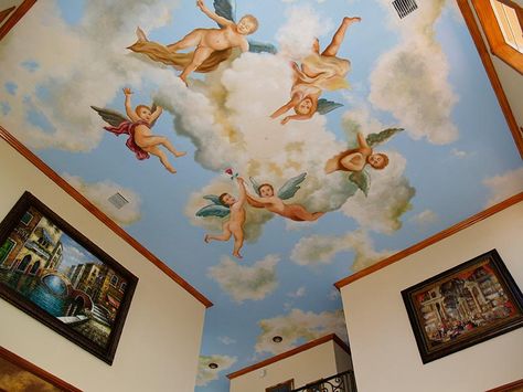 Incredible sky and angels mural made on a 25 feet hight living room ceiling. Celling Mural, Angel Mural, Rococo Bedroom, Work Prayer, Italian Church, Ceiling Mural, Awesome Furniture, Ceiling Painting, Ceiling Murals