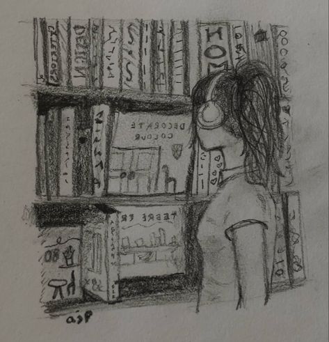 Bookworm Drawing Art, Listening To Music Drawing, Reading Sketch, Sketch Book Ideas Aesthetic, Pencil Drawings For Beginners, Music Drawings, Writing Drawing, Easy Drawings Sketches, Book Drawing