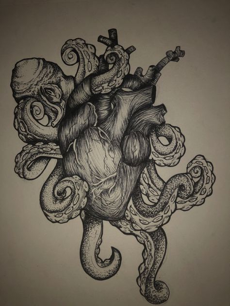 Octopus Heart Tattoo, Octopus Heart, Tattoo 2022, Kraken Tattoo, Tentacle Art, Art Nouveau Tattoo, Skull Art Tattoo, Octopus Drawing, Nouveau Tattoo