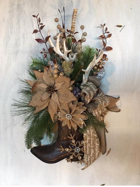 Cowboy Christmas antler wreath. Rustic country Christmas wreath. Burlap boot wreath. Western boot Decor. "Country Wreath" collection Cow Wreaths, Boot Wreath, Western Christmas Decorations, Boot Decor, Rustic Christmas Decorations, Western Wreaths, Cowboys Wreath, Antler Wreath, Antlers Decor