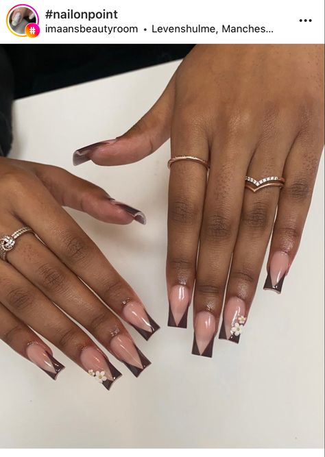 Brown V Tip Frenchies 🤎 Brown Nails V Tip, Brown Frenchies Nail, Brown V French Tip Nails, Brown Glitter French Tip Nails, Brown Toes Nails, Dark Brown French Tip Nails, Short Brown French Tip Nails, Brown French Tip Acrylic Nails, Brown Frenchies