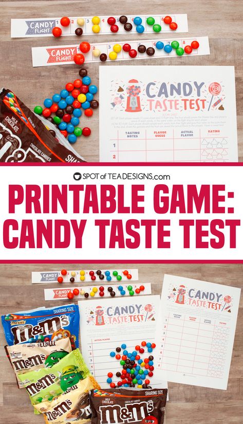 Printable Game | Candy Taste Test - Spot of Tea Designs Taste Test Challenge Ideas, Taste Challenge Game, Chocolate Tasting Printables, Candy Theme Games, Blind Taste Test Game, Blind Taste Test Ideas, Taste Testing Party Ideas, Chocolate Olympics, Candy Games For Kids