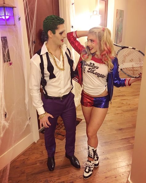 Couple Halloween Costumes Joker Harley, Joker Harely Quinn Costume, Couples Costumes Harley Quinn And Joker, Diy Joker And Harley Quinn Costume, Joker And Harley Couple Costume, Holloween Costume Ideas Joker, Couple Halloween Costumes Joker And Harley, Harley Quinn And Joker Halloween Costumes, Haley Quinn And Joker Halloween