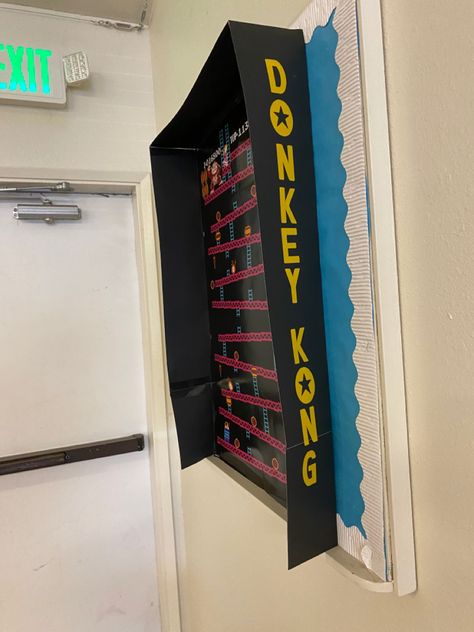 Donkey Kong Arcade Game style bulletin board side view. #vbs,#vacationbibleschool,#twistsandturns,#game Game Bulletin Board, Vacation Bible School Games, Bible School Games, Employee Appreciation Board, 2023 Decorations, Vbs 2023, Game Style, School Games, Vacation Bible School