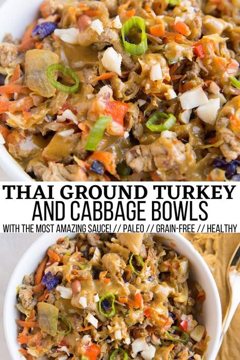 Thai Ground Turkey and Cabbage Bowls - The Roasted Root Ground Turkey And Cabbage, Turkey And Cabbage, 150 Calorie Snacks, Turkey Cabbage, 500 Calorie, Cabbage Stir Fry, Diner Recept, Resep Diet, Ground Turkey Recipes