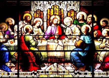 An illuminated stained-glass window showing the Last Supper Holy Rosary Prayer, Stained Glass Church, Maria Magdalena, The Last Supper, Sainte Marie, Holy Cross, Last Supper, Light Of Life, Light Of The World