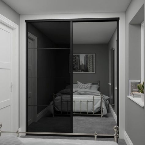 Black Mirror Sliding Wardrobe, Wardrobe Design Modern Luxury, Glass Wardrobe Design, Sliding Wardrobe Design, Mirrored Wardrobe Doors, Panel Mirror, Glass Wardrobe, Wardrobe Design Modern, Monochrome Bedroom