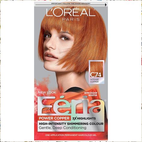 L'Oreal Paris Feria Multi-Faceted Shimmering Permanent Hair Color, C74 Copper Crave (Intense Copper), Pack of 1, Hair Dye Feria Hair Color, Blue Black Hair Color, Edgy Hair Color, Bold Hair Color, Color Conditioner, Brown Hair Dye, Copper Hair Color, Hair Color For Women, Edgy Hair