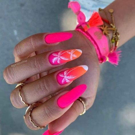 #nails #nailart #nailsofinstagram #u #manicure #beauty #nail #gelnails #nailsoftheday #nailsonfleek #nailstagram #nailsart #nailstyle #instanails #naildesign #acrylicnails #nailsdesign #inspire #naildesigns #love #nailswag #as #nailpolish #nailtech #unhas #gel #nailsnailsnails #nailartist #fashion #gelpolish Hot Pink And Hot Orange Nails, Nails Ombré, Neon Pink Nails, Palm Tree Nails, Acrylic Nail Set, Fantasy Nails, Ballerina Nails, Fashion Mood Board, Pink Neon