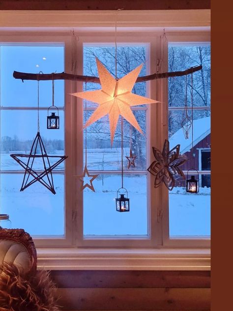 Christmas Window Hanging Lights, Christmas Decor For Windows Inside, Lantern On Wall, Scandi Christmas Window, Bethlehem Star Window Xmas Lights, Hey December, Ikea Star Lights, Baubles Hanging In Window, Scandinavian Window