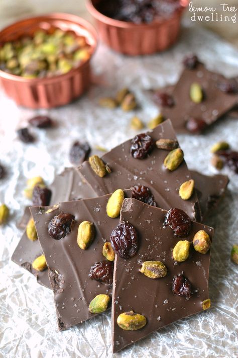 Salted Chocolate Cherry Pistachio Bark - just 4 ingredients and ready in 5 minutes or less! Cranberry Bark, Pistachio Bark, Cherry Pistachio, Lemon Tree Dwelling, Dried Cranberry, Toffee Bark, Chocolate Pistachio, Cherry Bark, Candy Bark