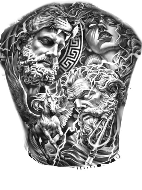 Greek Mythology Tattoos Back Piece, Greek Full Back Tattoo, Greek Gods Back Tattoo, Top Of The Back Tattoos Men, Greek Back Piece Tattoo, Spartan Chest Tattoo Men, Full Men’s Back Tattoos, Greek Mythology Tattoos Back, Tattoo Full Body Men