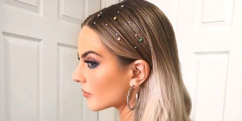 Diamonds On Hair, Bridal Hair Gems, Prom Hair With Jewels, Hair Styles With Diamonds, Hair With Diamonds, Hair Diamonds Jewels, Hair Gems Rhinestones, Slick Hair With Gems, Hair Gems Hairstyles