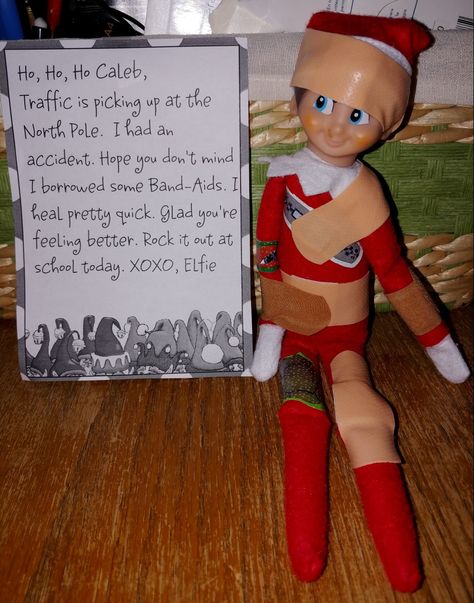 Elfie, Elf on the Shelf 2018...Band-Aids! Carry Around Elf On The Shelf, Elf On Shelf Band Aid, Elf On The Shelf Band Aid Ideas, Hurt Elf On The Shelf Ideas, Elf On The Shelf Easy, Elf Is Back Ideas, Diy Christmas Home Decor, Thanksgiving Napkin Folds, Easy Thanksgiving Table Decor