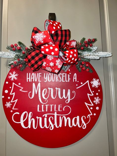 Have Yourself A Merry Little Christmas Sign Christmas Door Hanging, Christmas Door Signs, Door Hanger Signs, Round Wood Signs, Christmas Door Hangings, Round Signs, Door Hangings, Burlap Christmas Wreath, Holiday Throw Pillow