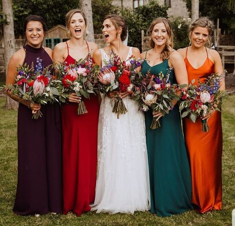 Jewel Tones Bridesmaids, Unique Bridal Party Colors, Bridesmaid Dresses All Different Colors, Multicolor Bridesmaid Dresses Summer, Jewel Bridesmaid Dresses, Jewel Tone Bridesmaid Dresses Summer, Multicolor Bridesmaids, Jewel Toned Bridesmaid Dresses, Multi Color Bridesmaid Dresses