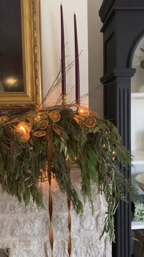 Witch Circle Decoration, Tree Branch With Christmas Ornaments, Vintage Glam Christmas Decor, Historic Christmas Decorations, Grandpa Chic Christmas, Yule Mantle Decor, Modern Moody Christmas Decor, All Natural Christmas Tree Decorations, 1800s Christmas Decorations