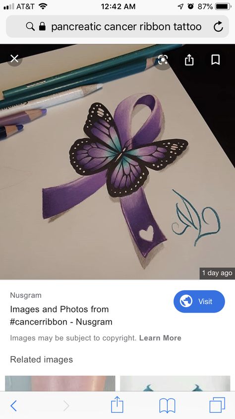 Butterfly Ribbon Tattoo, Eplipsey Awareness Tattoo Ideas, Tattoos For Domestic Abused Women, Pancreatic Tattoos, Dv Tattoos, Fibromiologia Tattoos, Teal And Purple Ribbon Tattoo, Pancreatic Ribbon Tattoo, Fibro Butterfly Tattoo