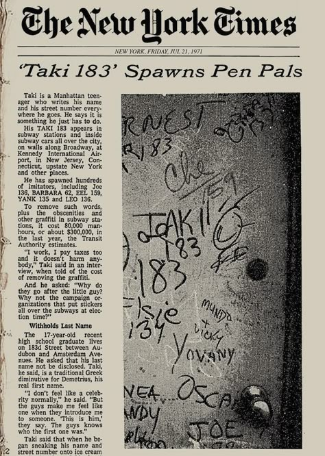 The Legendary TAKI 183 on Tagging, <em>The New York Times</em>, the… Graffiti History, New York Broadway, Nyc Graffiti, New York Graffiti, Can't Stop Won't Stop, Graffiti Artist, Graffiti Styles, Graffiti Lettering, Chalk Art